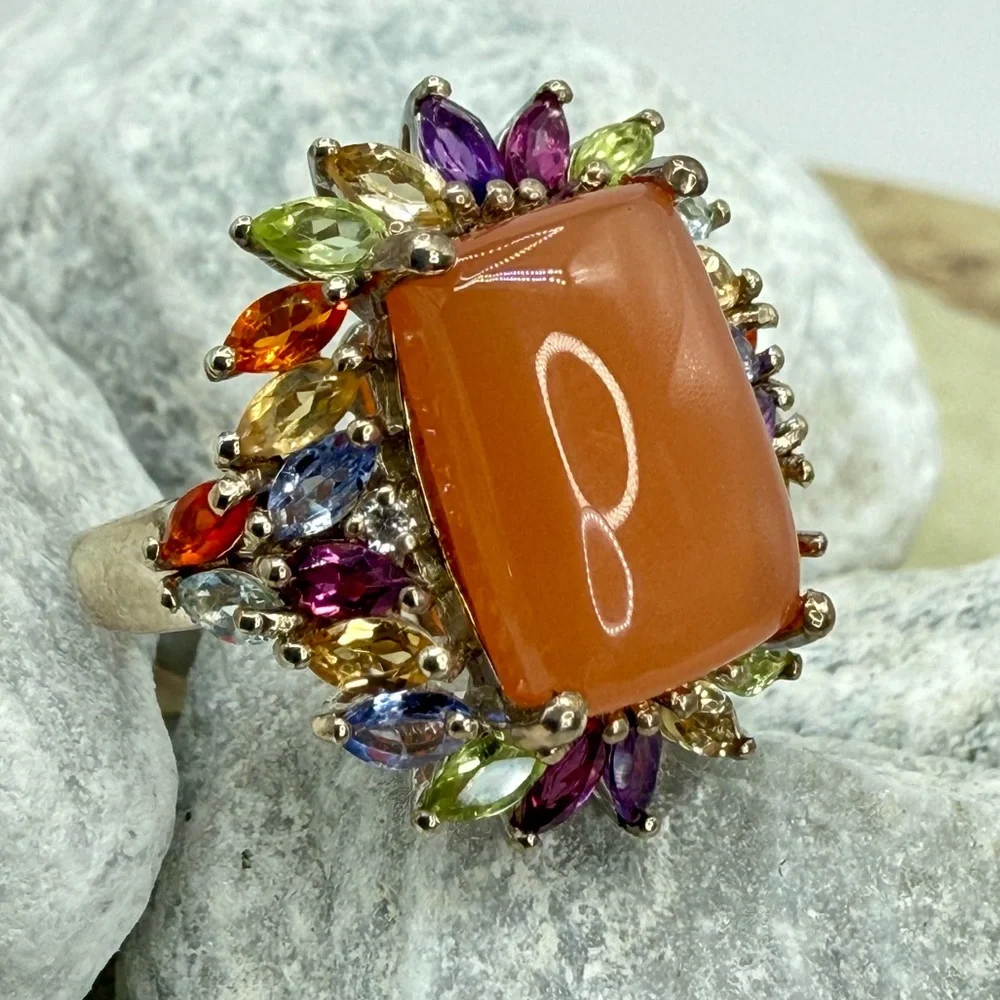 NWT Peach Moonstone & Multi-Gemstone Cocktail Ring 9.85 ctw Platinum Over 925 SS